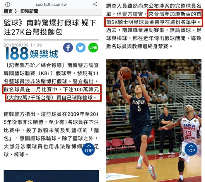 韓國職籃冠軍後衛金善亨陷假球醜聞